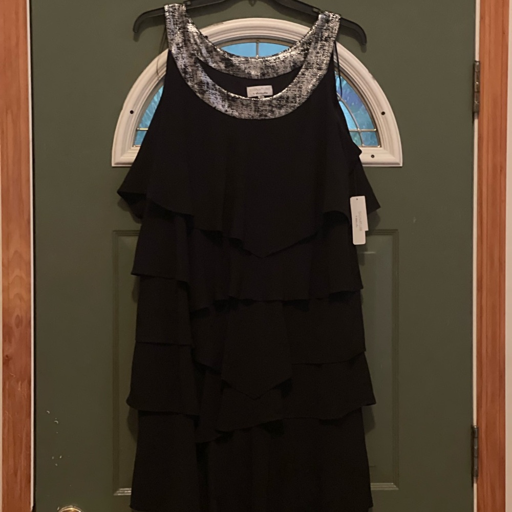 Signature by Robbie Bee Black and Silver Embellished Tiered Midi Dress